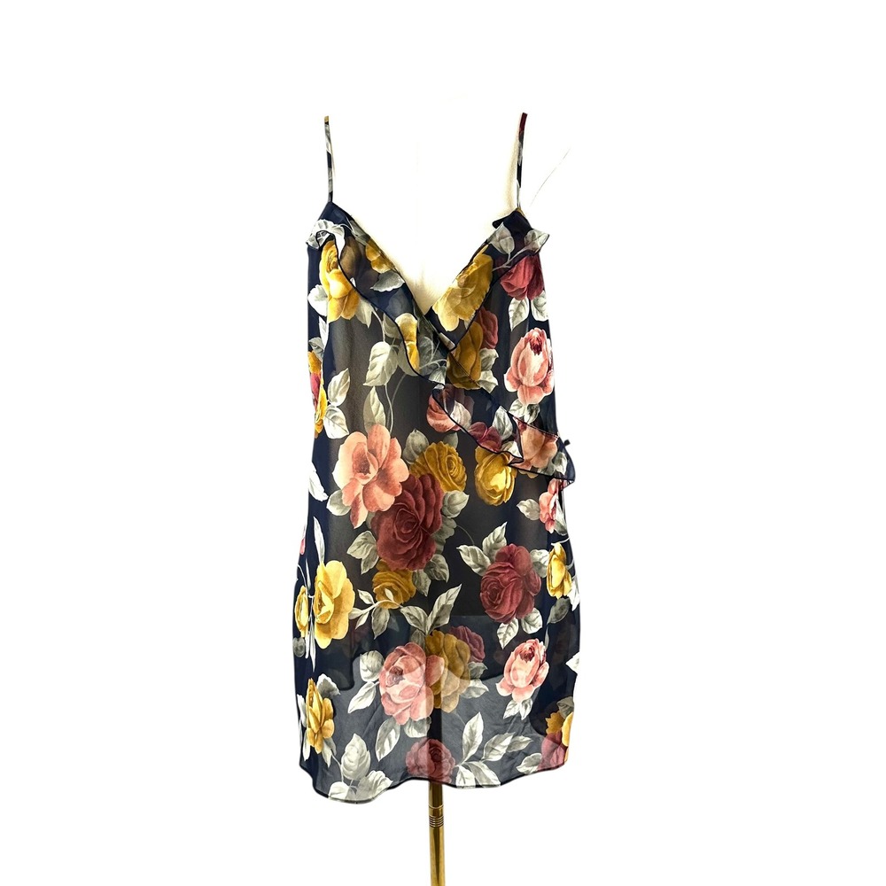 Vintage Victoria's Secret 90s Midnight Garden Floral Chiffon Ruffle Chemise M
